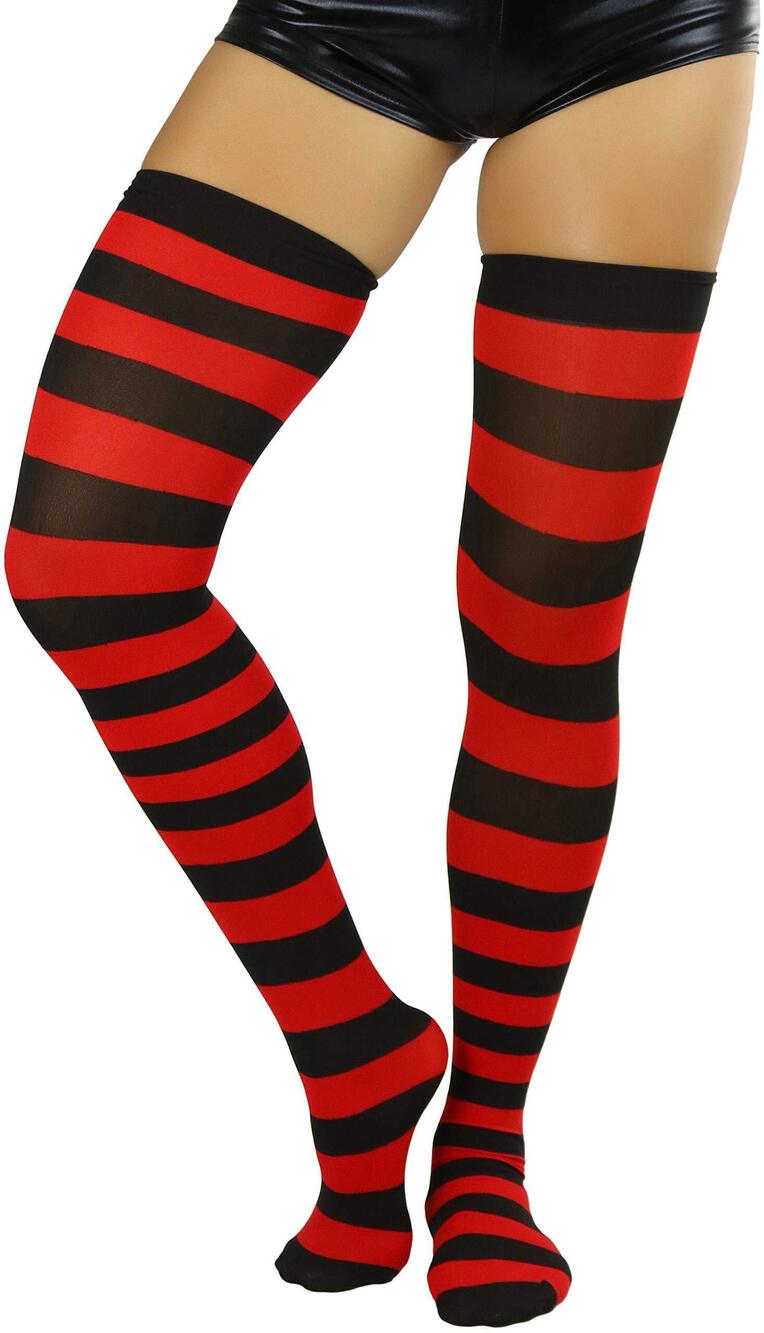6812 Wide Vertical Striped Thigh Hi Stockings - One Size - Black w/Red